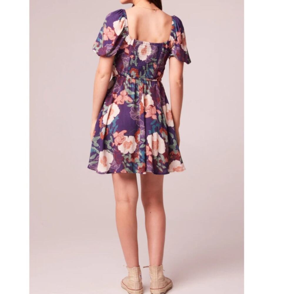 BAND OF THE FREE AIMEE PURPLE FLORAL PUFF SLEEVE MINI DRESS S NEW - Picture 3 of 8